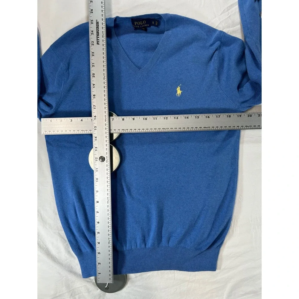 Polo Ralph Lauren Mens Pima Cotton V-Neck Sweater Blue Yellow Pony Small